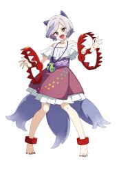  1girl animal_ears baba_(baba_seimaijo) barefoot bear_trap dog_ears dog_girl dog_tail dress frilled_skirt frills full_body grey_hair highres looking_at_viewer mitsugashira_enoko multicolored_hair multiple_tails off-shoulder_shirt off_shoulder open_mouth purple_hair purple_shirt red_eyes red_nails second-party_source shirt short_hair simple_background skirt smile solo tail toes touhou transparent_background two-tone_hair 