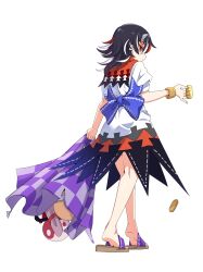  1girl arrow_print baba_(baba_seimaijo) back_bow black_hair blue_bow bow coin cone_horns dress full_body gold grey_horns highres horns impossible_spell_card kijin_seija koban_(gold) looking_at_viewer mallet miracle_mallet multicolored_dress multicolored_hair nimble_fabric orb puffy_short_sleeves puffy_sleeves red_eyes red_hair sandals second-party_source short_sleeves simple_background small_horns solo streaked_hair touhou transparent_background white_hair yin_yang yin_yang_orb 