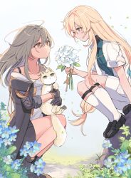  1boy 1girl absurdres aged_down animal black_boots black_gloves black_jacket black_shoes black_skirt blonde_hair blue_flower blue_sky boots bra_strap cat closed_mouth commentary_request day eiri_illust eye_contact flower from_side full_body gloves green_eyes green_shirt grey_hair hair_between_eyes highres holding holding_animal holding_cat holding_flower honkai:_star_rail honkai_(series) jacket long_hair looking_at_another luocha_(honkai:_star_rail) luocha_(little_cat)_(honkai:_star_rail) official_alternate_costume outdoors shirt shoes shorts sitting skirt sky smile squatting stelle_(honkai:_star_rail) trailblazer_(honkai:_star_rail) very_long_hair white_flower white_jacket white_shirt white_shorts yellow_eyes 