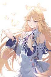  1girl bare_shoulders blonde_hair blue_eyes breasts bug butterfly cross-shaped_pupils detached_sleeves dress genshin_impact halo hands_up highres long_hair medium_breasts nicole_(genshin_impact) parted_lips simple_background sleeveless sleeveless_dress solo suwa_(swk_kkk) symbol-shaped_pupils very_long_hair watermark white_background white_dress white_sleeves 