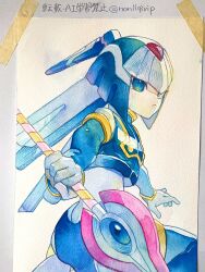  1girl armor blue_armor blue_eyes blue_helmet fairy_leviathan_(mega_man) forehead_jewel helmet highres holding holding_polearm holding_weapon mega_man_(series) mega_man_zero_(series) polearm simple_background solo spear traditional_media weapon white_background yamanashi_taiki 