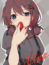  1girl ayataka_syumimi black_ribbon blue_eyes blush brown_hair commentary food fruit girls_band_cry grey_shirt hair_between_eyes hair_ornament hair_ribbon hairclip highres iseri_nina long_hair looking_at_viewer low-tied_long_hair one-hour_drawing_challenge ribbon shirt short_hair short_twintails solo strawberry suspenders twintails untranslatable_commentary 