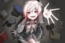  beret black_coat black_hat black_shoes book coat collared_coat commentary_request crying crying_with_eyes_open falling_petals flower flower-trimmed_shorts frilled_socks frills from_above full_body gradient_hair hair_flower hair_ornament harumaking hat hat_flower long_sleeves looking_at_viewer looking_up magnifying_glass mahou_shoujo_no_majo_saiban multicolored_hair neck_ribbon o-ring o-ring_thigh_strap open_book open_mouth pants pen petals pink_eyes pink_hair pocket_watch puffy_sleeves ribbon sakuraba_ema shirt shoes short_hair shorts sitting sleeveless sleeveless_coat smile socks tears thigh_strap watch white_flower white_hair white_pants white_ribbon white_shirt white_shorts white_sleeves white_socks x_hair_ornament 