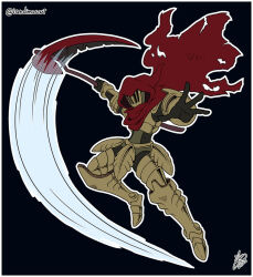  1boy armor artist_name black_background black_gloves boots cape dated facing_viewer full_body gloves helmet holding holding_scythe hood hooded_cape ian_dimas red_cape scythe shovel_knight slashing specter_knight torn_cape torn_clothes 