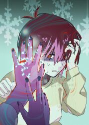  1girl 1other @_@ black_nails brown_hair commentary deltarune english_commentary green_sweater highres ice jewelry kris_(deltarune) noelle_holiday oshaberi_usagi red_eyes ring short_hair snowflakes solo_focus sweater thorn_ring_(deltarune) utdr_(toby_fox) weird_route_(deltarune) 