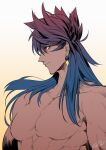  1boy abs chest close-up closed_mouth dark_blue_hair dark_skin dark_skinned_male earrings fate/grand_order fate_(series) gradient_hair jewelry long_hair looking_to_the_side male_focus multicolored_hair nude purple_hair red_eyes rkp romulus_quirinus_(fate/grand_order) upper_body very_long_hair white_background 