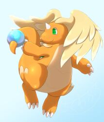  absurdres blue_background chikuwaburo claws colored_skin dragonite feathered_wings full_body green_eyes head_wings highres horns mega_dragonite no_humans orange_skin pokemon pokemon_(creature) single_horn solo tail white_wings wings 