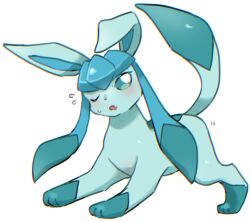  blue_eyes blue_fur blush bright_pupils glaceon looking_at_viewer no_humans one_eye_closed open_mouth pokemon pokemon_(creature) simple_background solo tail two-tone_fur white_background white_pupils yakiniku628 