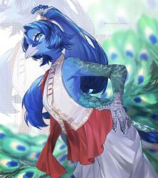 1girl beak blue_eyes commentary_request furry furry_female grey_skirt hand_on_own_hip highres kawarage_yatano long_hair looking_at_viewer original peacock_feathers peacock_girl ponytail red_sleeves shirt single_sleeve skirt solo white_shirt 