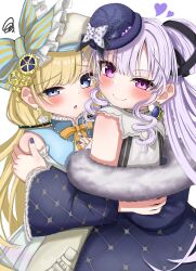  2girls absurdres acid_(maimai) bare_shoulders blonde_hair blue_eyes blue_jacket blush boater_hat bow detached_sleeves double_bun dress earrings frilled_sleeves frills fur-trimmed_jacket fur_trim hair_bun hat hat_bow highres hug jacket jacket_partially_removed jewelry long_hair looking_at_viewer looking_back maimai_(game) multiple_girls off_shoulder purple_hair ris_(maimai) simple_background sleeveless sleeveless_dress upper_body ututsu_n violet_eyes white_background white_sleeves yellow_dress yuri 