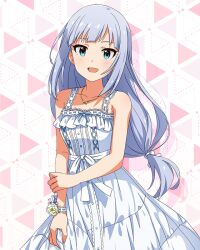  1girl blue_eyes blue_hair card_commentary commentary_request cowboy_shot dress game_asset idolmaster idolmaster_million_live! idolmaster_million_live!_theater_days jewelry long_hair looking_at_viewer low-tied_long_hair necklace official_alternate_costume official_art open_mouth pure_onepiece_(idolmaster) ribbon-trimmed_dress ribbon_trim shiraishi_tsumugi single_bare_arm sleeveless sleeveless_dress smile solo standing third-party_source white_dress wrist_flower 