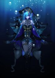  1girl absurdres air_bubble bare_shoulders black_boots black_dress blue_dress blue_eyes blue_gloves blue_hair boots bubble changethe colored_inner_hair commentary_request dress duel_masters duel_masters_play's elbow_gloves fingernails fins fish_girl full_body gloves head_fins highres long_hair multicolored_dress multicolored_hair off-shoulder_dress off_shoulder pale_skin puramozuki0426 purple_hair solo underwater veil very_long_hair 