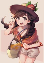  1girl bag black_hair braid commentary_request flower h.pn hat hat_flower highres long_hair looking_at_viewer open_mouth orange_shirt pokemon pokemon_ultra_sun_and_ultra_moon selene_(pokemon) shirt shorts shoulder_bag smile solo teeth twin_braids twintails upper_teeth_only v white_shorts 
