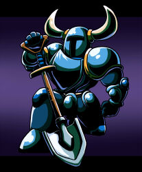  1boy absurdres clenched_hands fake_horns full_body gauntlets gradient_background helmet highres holding holding_shovel horned_helmet horns kattsu kneeling shovel shovel_knight shovel_knight_(character) simple_background solo 