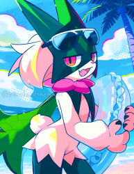  beach blue_sky clouds commentary_request cowboy_shot eyewear_on_head fang happy highres looking_at_viewer meowscarada nikoru no_humans ocean open_mouth outdoors palm_tree pokemon pokemon_(creature) pokemon_focus sky solo standing sunglasses swim_ring tree twitter_username water 