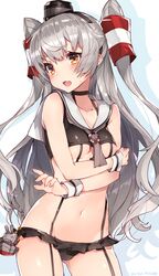  1girl adapted_costume amatsukaze_(kantai_collection) bare_shoulders bikini blush breasts brown_eyes character_doll choker collarbone embarrassed garter_straps hair_tubes hairband highres kantai_collection lifebuoy long_hair looking_at_viewer mika_pikazo navel open_mouth rensouhou-kun silver_hair small_breasts solo swimsuit two_side_up under_boob windsock wrist_cuffs 