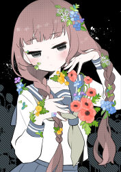  1-tuka 1girl black_background blue_flower blue_sailor_collar blue_skirt braid brown_hair closed_mouth commentary dot_mouth flower grey_eyes grey_neckerchief hair_flower hair_ornament half-closed_eyes hands_up highres light_blush long_hair long_sleeves looking_at_viewer low_twin_braids nail_polish neckerchief original pink_nails plant_growth purple_flower red_flower sailor_collar school_uniform serafuku shirt skirt solo twin_braids white_flower white_shirt yellow_flower 