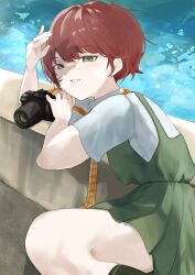  1girl absurdres bridge camera collared_shirt commentary_request danganronpa_(series) danganronpa_2:_goodbye_despair dress freckles green_dress green_eyes highres koizumi_mahiru leaning_forward narashi_ka necktie pale_skin red_hair shading_eyes shadow shirt smile strap thighs water white_shirt 