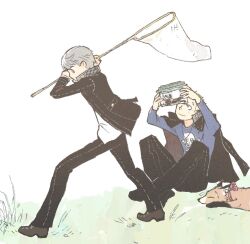  2boys animal black_jacket black_pants blonde_hair fishnets fox gakuran godzillapigeon1 grey_hair jacket male_focus multiple_boys narukami_yu pants persona persona_4 persona_4_revival school_uniform short_hair tatsumi_kanji 