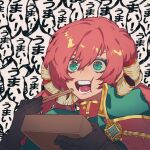  1girl bangs carcano_m1891_(girls_frontline) chopsticks commentary_request eating girls_frontline gloves green_eyes hair_ribbon highres kimetsu_no_yaiba long_hair norasame_(dagako) open_mouth pink_hair ribbon solo speech_bubble translation_request 