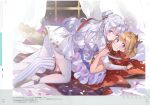  2girls absurdres artist_request ass azur_lane blue_eyes cape double_bun highres huge_filesize le_malin_(azur_lane) le_triomphant_(azur_lane) long_hair looking_at_viewer lying miniskirt multiple_girls official_art on_back pantyhose red_cape red_ribbon ribbon scan sideless_outfit skirt striped striped_legwear tutu white_hair white_legwear white_skirt 