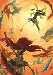  2boys aircraft airplane aizawa_sachi battle black_gloves cape clouds gloves green_shirt helmet holding holding_scythe multiple_boys orange_sky outdoors propeller_knight rapier red_cape scythe shirt shovel_knight sky specter_knight standing sword weapon 