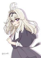  1girl antenna_hair black_capelet black_dress blush bow capelet dress grey_hair hair_intakes holding ichicon01 jewelry long_hair looking_at_viewer meitantei_precure! moria_luluka necklace open_mouth precure smile solo tear_arcana_rod upper_body violet_eyes 