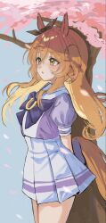 1girl animal_ears brown_ribbon cherry_blossoms ear_ribbon highres horse_ears horse_girl horse_tail long_hair mayano_top_gun_(umamusume) orange_hair petals pleated_skirt ppingjjyu_(u3pri) ribbon school_uniform skirt solo standing tail tracen_school_uniform two_side_up umamusume white_skirt 