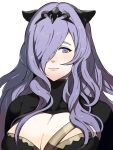  1girl ariaridoradora black_shirt breasts camilla_(fire_emblem) closed_mouth fire_emblem fire_emblem_fates fire_emblem_heroes hair_over_one_eye highres large_breasts long_hair looking_at_viewer open_clothes open_shirt purple_hair shiny shiny_hair shirt tiara violet_eyes white_background 