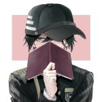  1boy ahoge asitaganbarouyo bangs black_hair black_headwear blush book brown_eyes commentary_request covering_mouth dangan_ronpa hat holding long_sleeves looking_down male_focus new_dangan_ronpa_v3 open_book saihara_shuuichi school_uniform short_hair solo striped_jacket upper_body white_background 