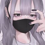  1girl black_eyes black_nails close-up ear_piercing earrings finger_to_head grey_hair highres jewelry looking_at_viewer mano_aaa mask mouth_mask original piercing solo 