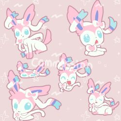  :< :d animal_focus blue_eyes bow bright_pupils chibi chibi_inset commission full_body joo_gumoon looking_at_viewer lowres multiple_views no_humans open_mouth pink_background pink_fur pokemon pokemon_(creature) pokemon_focus ribbon simple_background sitting smile solo standing sylveon two-tone_fur white_fur white_pupils 