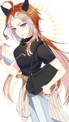  1girl absurdres ahoge animal_ears black_shirt blue_eyes breasts clothes_around_waist commentary_request ear_covers highres holding holding_removed_eyewear horse_ears horse_girl horse_tail long_hair medium_breasts multicolored_hair official_alternate_costume orange_hair orfevre_(umamusume) pants parted_lips shirt smile solo sunglasses tail toryo_(yukhop_961) umamusume unworn_eyewear white_hair 