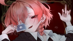  1girl absurdres ahoge alternate_costume blue_archive blush braid card collared_shirt fang highres holding holding_card looking_at_viewer mole mole_under_eye neru_(blue_archive) not_forever2w open_mouth orange_hair playing_card portrait red_eyes shirt short_hair single_braid solo white_shirt 