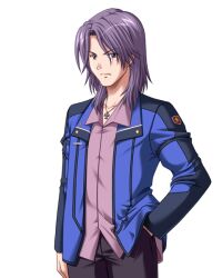  1boy altered_pink closed_mouth cross frown game_asset hand_in_pocket jacket jewelry kawaguchi_shun large_variant_set long_sleeves looking_at_viewer male_focus necklace non-web_source official_art pants purple_hair self-datamine shirt simple_background solo sumeragi_yuusuke tachi-e transparent_background variant_set violet_eyes 
