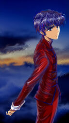  1boy blue_eyes blurry blurry_background changpao chinese_clothes chinese_commentary closed_mouth clouds commentary_request from_side huang_yanron long_sleeves looking_at_viewer male_focus mandarin_collar pants partially_shaded_face paul_t purple_hair red_changpao red_pants short_hair sky solo super_robot_wars super_robot_wars_the_lord_of_elemental upper_body 