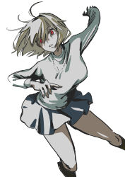 1girl absurdres alternate_costume antenna_hair arcueid_brunestud arm_up attack blue_skirt boots breasts brown_boots dynamic_pose fighting_stance fingernails floating_clothes floating_hair glowing glowing_eyes hair_between_eyes head_tilt highres imminent_attack jewelry looking_to_the_side missing_legwear necklace plaid_clothes plaid_skirt red_eyes sharp_fingernails skirt solo supercurry sweater thighs tsukihime tsukihime_(remake) turtleneck turtleneck_sweater white_background white_sweater 