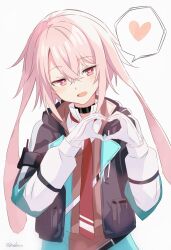  1boy absurdres ansel_(arknights) arknights black_choker black_jacket blush choker collared_shirt commentary_request crossed_bangs gloves hair_between_eyes heart heart_hands heart_in_eye highres jacket koshka_pic long_hair long_sleeves lop_rabbit male_focus necktie open_mouth pink_hair rabbit_boy red_eyes red_jacket red_necktie shirt sidelocks signature simple_background solo speech_bubble spoken_heart symbol_in_eye upper_body white_background white_gloves white_shirt 