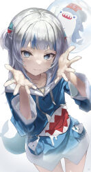  1girl :3 absurdres bloop_(gawr_gura) blue_eyes blue_hoodie blue_streaks closed_mouth commentary fins fish_tail gawr_gura gawr_gura_(1st_costume) grey_hair hair_ornament hands_up highres hololive hololive_english hood hoodie lazyramen long_hair looking_at_viewer multicolored_hair shark_girl shark_hair_ornament shark_print shark_tail simple_background solo streaked_hair tail two_side_up untranslatable_commentary virtual_youtuber white_background 