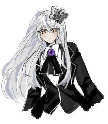  1girl angela_(project_moon) ascot black_ascot black_vest brooch butterfly_hair_ornament closed_mouth commentary_request e.g.o_(project_moon) expressionless gem hair_ornament jewelry korean_commentary lapels library_of_ruina long_hair notched_lapels project_moon purple_gem simple_background solemn_lament_(e.g.o) solid01 solo upper_body very_long_hair vest white_background white_hair yellow_eyes 