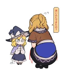  2girls absurdres aged_down black_capelet black_skirt blonde_hair blue_capelet bow braid brown_shirt capelet child commentary_request flying_sweatdrops frilled_skirt frills hat hat_bow height_difference highres kirisame_marisa long_hair mizuhashi_parsee multiple_girls niru_(ka_k_0517) official_alternate_costume pointy_ears shirt side_braid signature single_braid skirt speech_bubble squatting subterranean_animism touhou translated white_bow witch_hat 