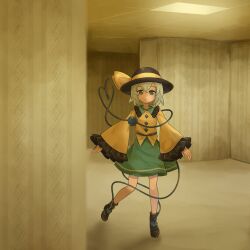  1girl backrooms_(creepypasta) black_boots black_hat boots bow buttons collared_shirt commentary_request diamond_button disembodied_linked_eye english_commentary eyeball frilled_shirt_collar frilled_sleeves frills green_eyes green_hair green_skirt hat hat_bow highres karua_m koishi_day komeiji_koishi long_sleeves mixed-language_commentary shirt skirt solo touhou wide_sleeves yellow_bow yellow_shirt 