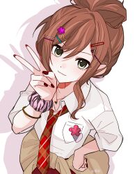  1girl bang_dream! bracelet breast_pocket breasts brown_hair brown_jacket chaomi52900 clothes_around_waist collared_shirt diagonal-striped_clothes diagonal-striped_necktie drop_shadow flower_hairclip from_above green_eyes hair_ornament hairclip hand_on_own_hip haneoka_school_uniform heart heart_hair_ornament heart_necklace high_ponytail highres imai_lisa jacket jacket_around_waist jewelry lofter_username long_hair looking_at_viewer medium_breasts multiple_hairclips necklace necktie parallel_hairclips pocket ponytail red_nails red_necktie school_uniform scrunchie shirt sidelocks simple_background solo striped_clothes striped_necktie white_background white_shirt wrist_scrunchie x_hair_ornament 