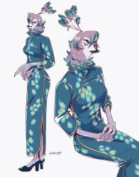  1girl beak bird_girl blue_dress blue_eyes blue_hair china_dress chinese_clothes claws commentary dress full_body furry furry_female high_heels highres looking_at_viewer miz7xf multiple_views original peafowl peahen purple_hair simple_background sitting untranslatable_commentary white_background 