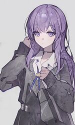  1girl absurdres adjusting_hair ajirui alternate_costume alternate_hairstyle ano_hi_mita_yozora_wa_itsuka_no_mirai_e_(project_sekai) asahina_mafuyu bag black_choker black_skirt black_sweater blue_ribbon choker closed_eyes collared_shirt commentary cosplay empty_eyes expressionless grey_background hair_down hand_up highres long_hair long_sleeves neck_ribbon project_sekai puffy_long_sleeves puffy_sleeves purple_hair ribbon shirt shoulder_bag simple_background skirt solo star_(symbol) sweater tenma_saki tenma_saki_(cosplay) upper_body violet_eyes white_shirt 