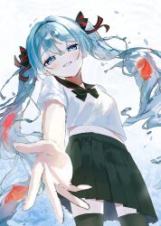  1girl absurdres black_bow black_bowtie black_sailor_collar black_skirt black_thighhighs blue_eyes blue_hair bottle_miku bow bowtie commentary fish goldfish hair_bow hatsune_miku highres liquid_hair long_hair looking_at_viewer mar1an0511 midriff parted_lips pleated_skirt reaching reaching_towards_viewer red_bow sailor_collar school_uniform serafuku shirt skirt smile solo standing striped_bow thigh-highs twitter_username two-tone_bow very_long_hair vocaloid white_shirt 