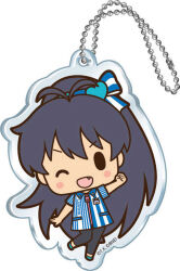  1girl antenna_hair black_eyes black_hair black_pants blue_bow blue_shirt blue_shoes blush_stickers bow charm_(object) chibi collared_shirt copyright_logo copyright_notice employee_uniform fang full_body ganaha_hibiki hair_bow hair_ornament heart heart_hair_ornament idolmaster logo long_hair official_art pants ponytail shirt shoes short_sleeves simple_background smile solid_oval_eyes solo standing standing_on_one_leg striped_bow striped_clothes striped_shirt vertical-striped_clothes vertical-striped_shirt white_background white_bow white_shirt 