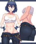  1girl absurdres arcedo artist_name ass blue_eyes blue_hair breasts english_commentary fire_emblem fire_emblem_awakening hairband hands_on_hips highres lucina_(fire_emblem) midriff multiple_views navel open_mouth short_hair small_breasts tank_top toned 