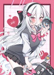  2girls alternate_costume animal_ear_headphones animal_ears aris_(blue_archive) bag black_bag black_bow black_hair black_hairband black_skirt black_thighhighs blue_archive blue_halo blue_necktie blush blush_stickers bow cat_ear_headphones cat_ears cat_ornament character_doll closed_mouth collared_shirt commentary_request cowboy_shot doll dot_nose fake_animal_ears grey_sweater_vest hair_between_eyes hair_bow hair_ornament hairband halo headphones heart heart_hair_ornament highres holding holding_bag jacket kei_(blue_archive) long_hair long_hair_between_eyes long_sleeves looking_at_viewer midori_(blue_archive) momoi_(blue_archive) multiple_girls necktie pink_bow pink_eyes pink_halo pleated_skirt ringed_eyes school_bag school_uniform shirt shoes side_ponytail skirt sleeves_rolled_up sweatdrop sweater_vest tanabata_natsuki thigh-highs very_long_hair white_hair white_jacket white_shirt white_shoes 