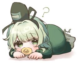  1girl ? aged_down baby black_hat commentary dress ghost_tail green_dress green_eyes green_hair hat highres long_sleeves looking_at_viewer pacifier short_hair simple_background soga_no_tojiko solo takana_(forsterite) tate_eboshi touhou white_background 